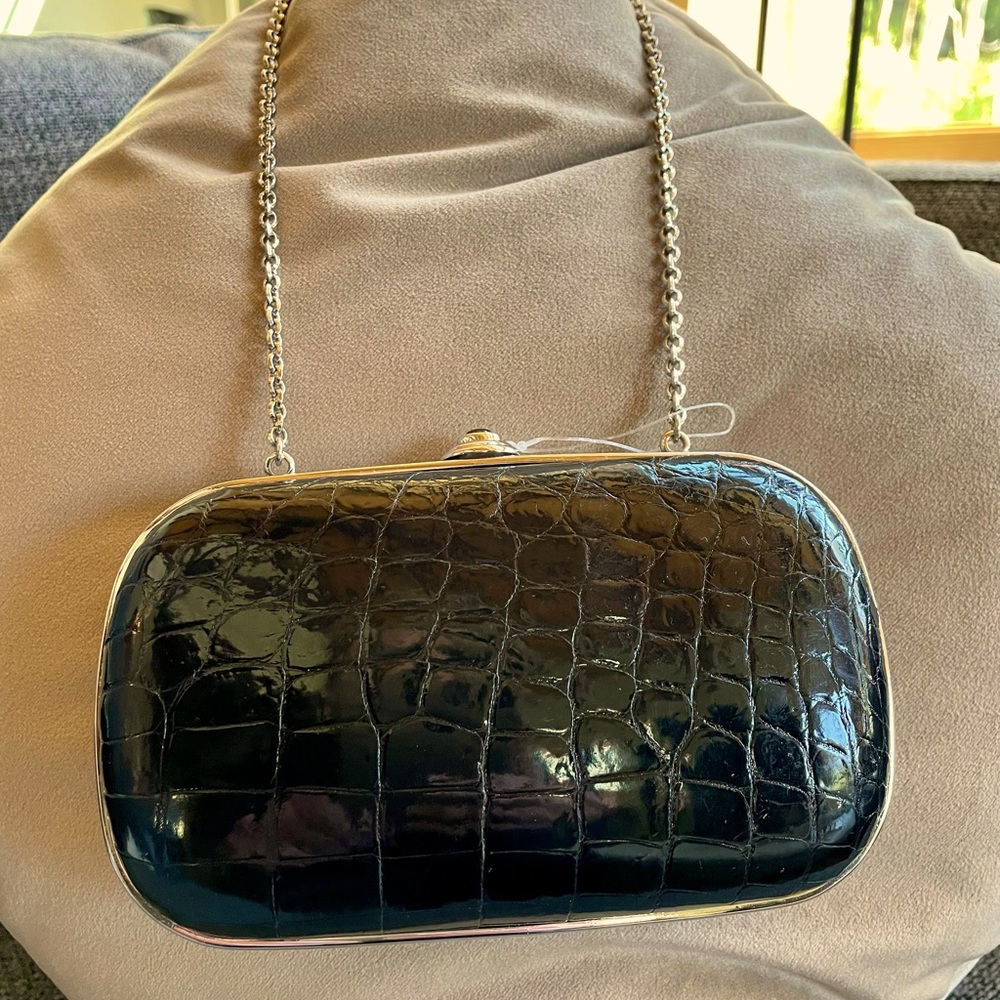 Judith Leiber slim slide Alligator Clutch with Jewel Clasp & Gold Shoulder Chain